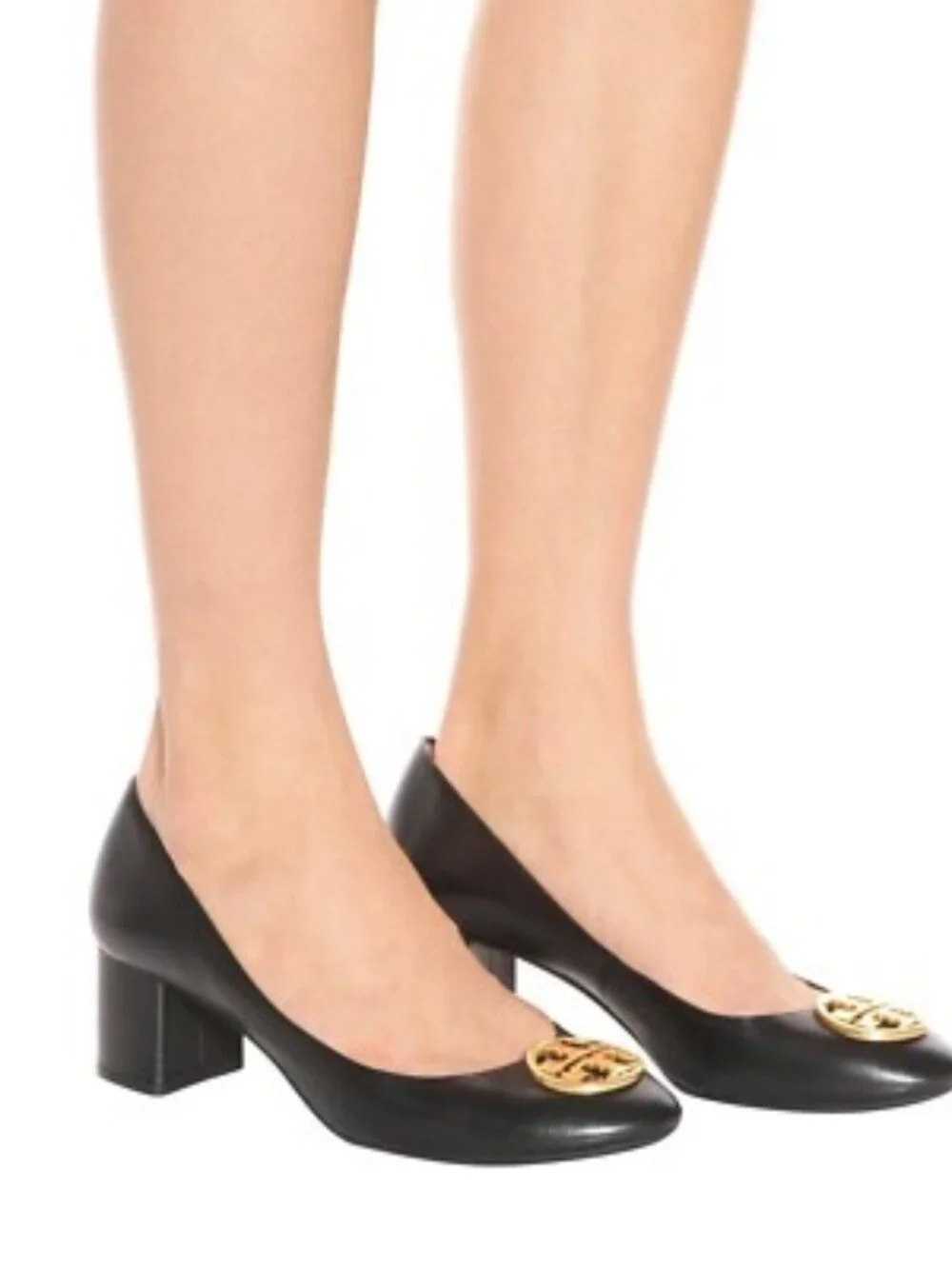 TORY BURCH~Chelsea 50mm Black Napa Leather Block Heel Pumps Gold Logo SZ 8